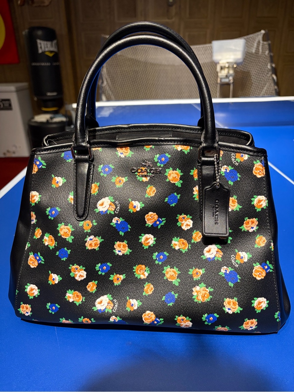 Coach Black Leather Satchel with Orange & Blue Floral Print
